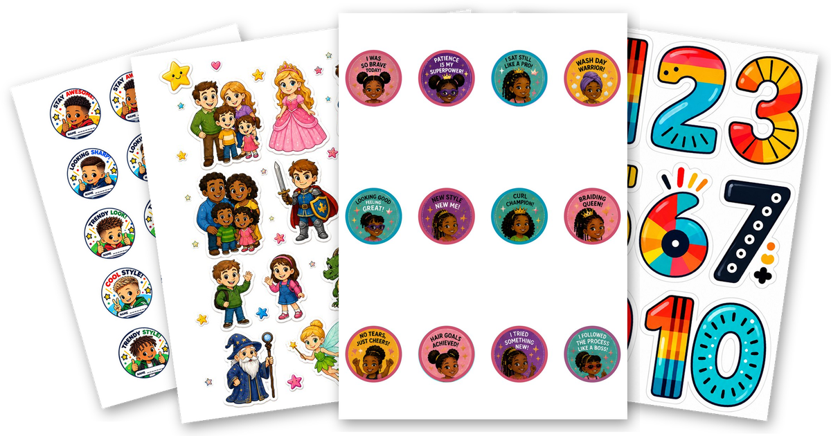 Four A5 sticker sheets fanned out: Fresh Cut barbershop rewards, story book characters, Afro hairstyle rewards and colourful numbers